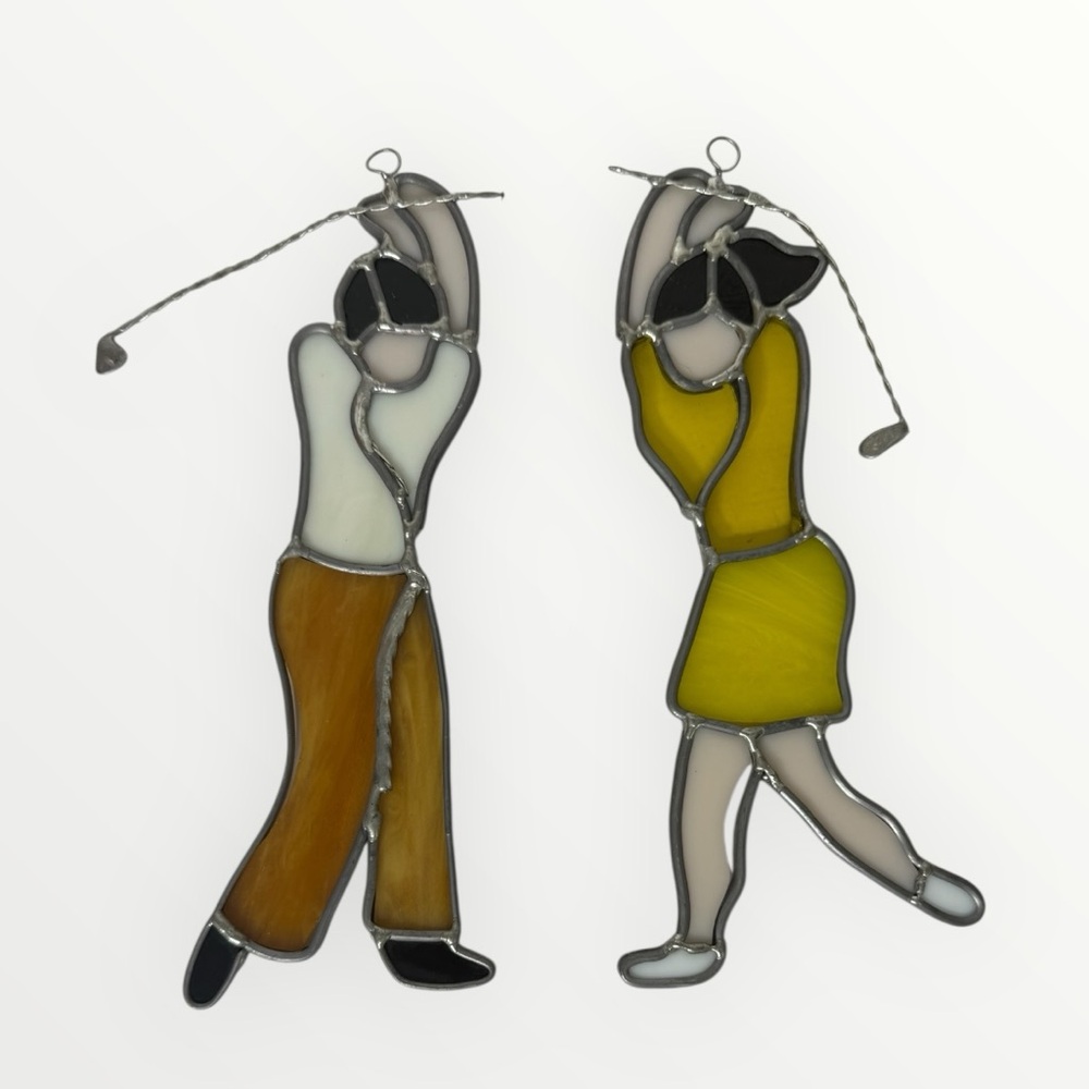Vintage Stained Glass Man & Woman Golfers Suncatcher Ornaments